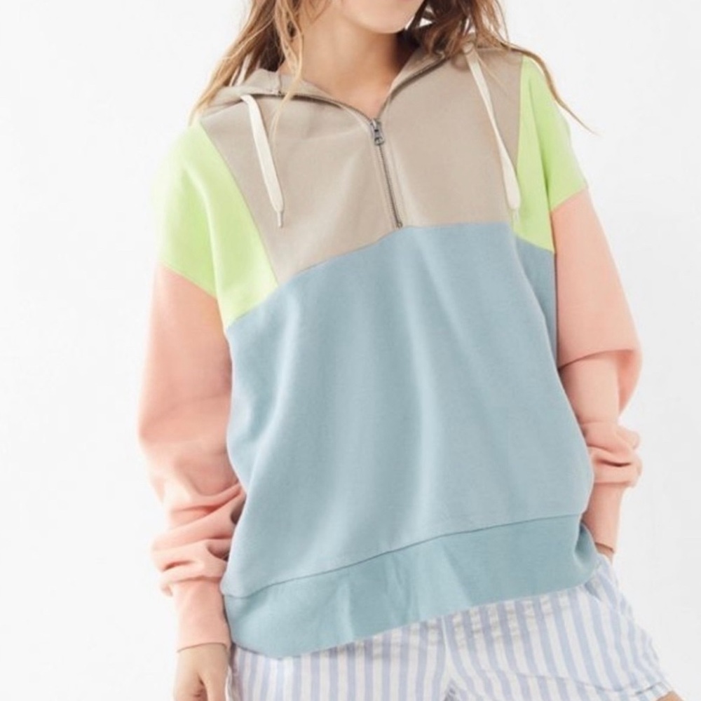 Urban Outfitters Colorblock Half-Zip Hoodie in Sky Blue, Peach & Lime